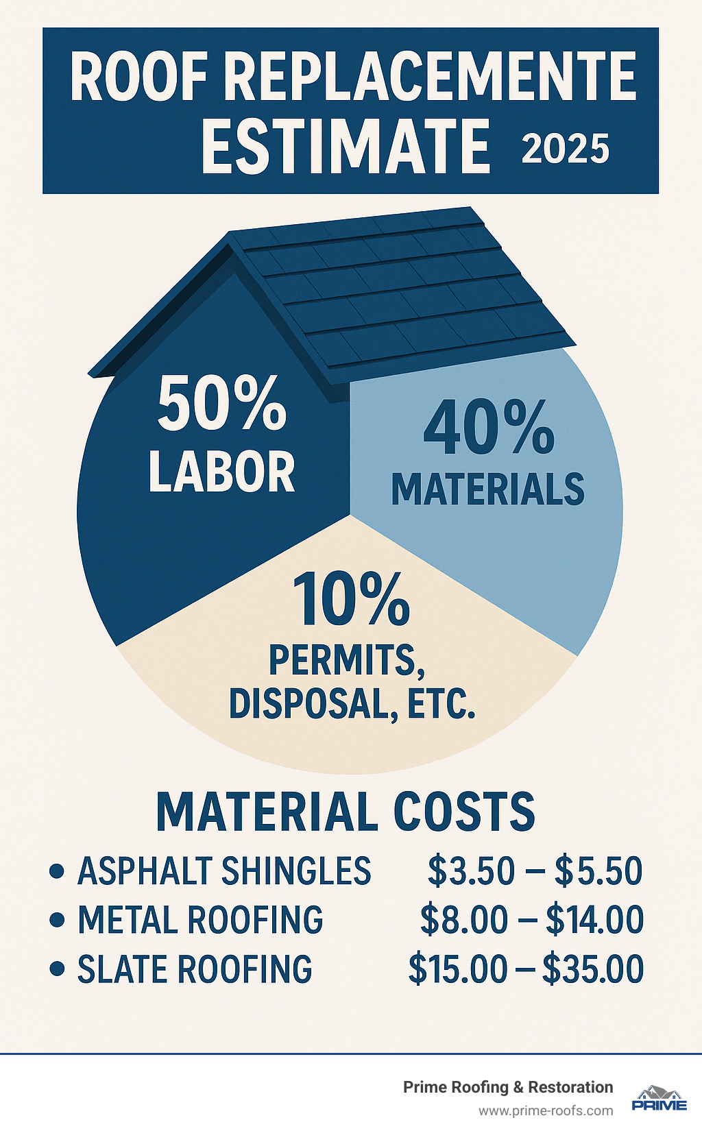 Detailed breakdown of roof replacement estimate components showing material costs, labor percentages, and additional fees like permits and disposal - roof replacement estimate infographic 