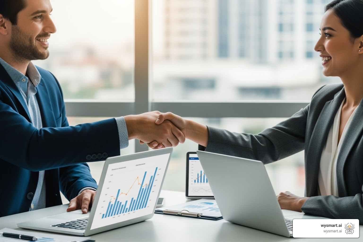 Two people shaking hands over a desk with laptops - adwords agency near me Two people shaking hands over a desk with laptops - adwords agency near me