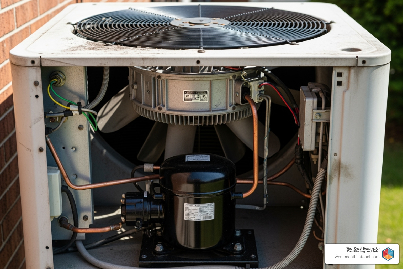An outdoor AC condenser unit with its cover removed, showing internal components like the compressor and fan motor - AC circuit breaker tripped