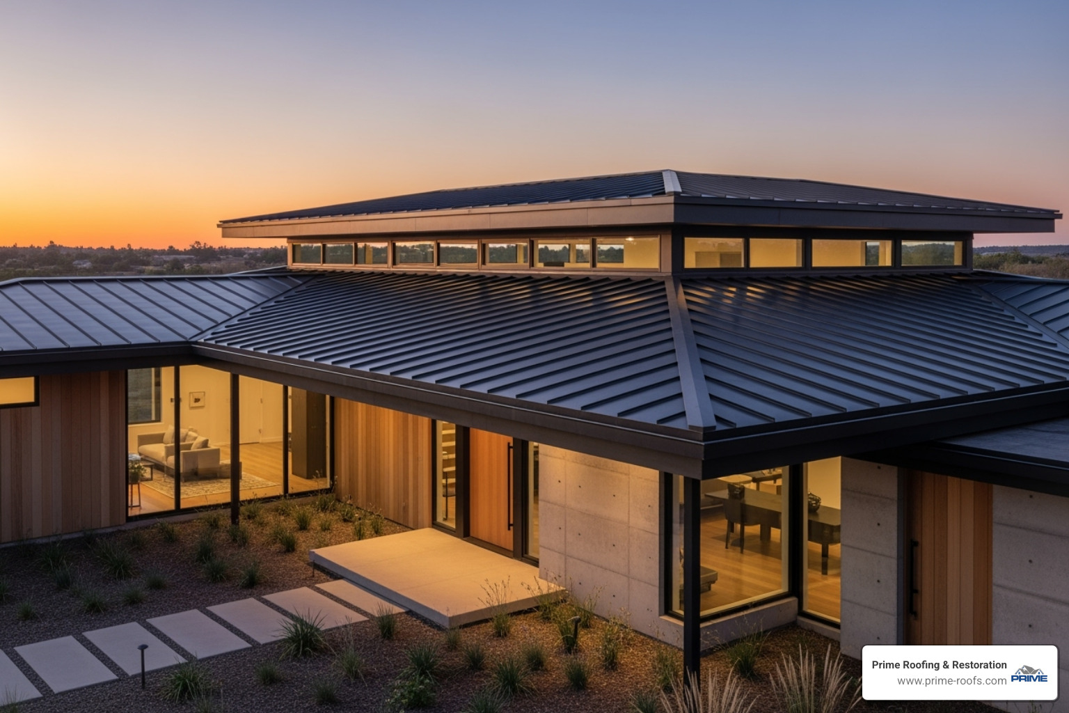 A modern home with a sleek metal roof, showcasing its aesthetic appeal and durability - Affordable roof solutions A modern home with a sleek metal roof, showcasing its aesthetic appeal and durability - Affordable roof solutions