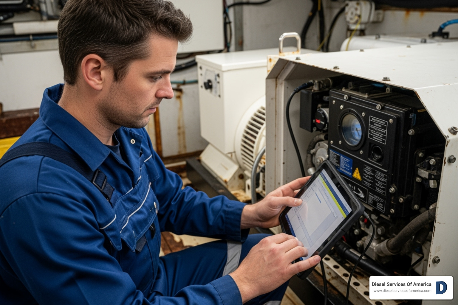 a certified technician using diagnostic equipment on a marine generator - marine diesel generator repair