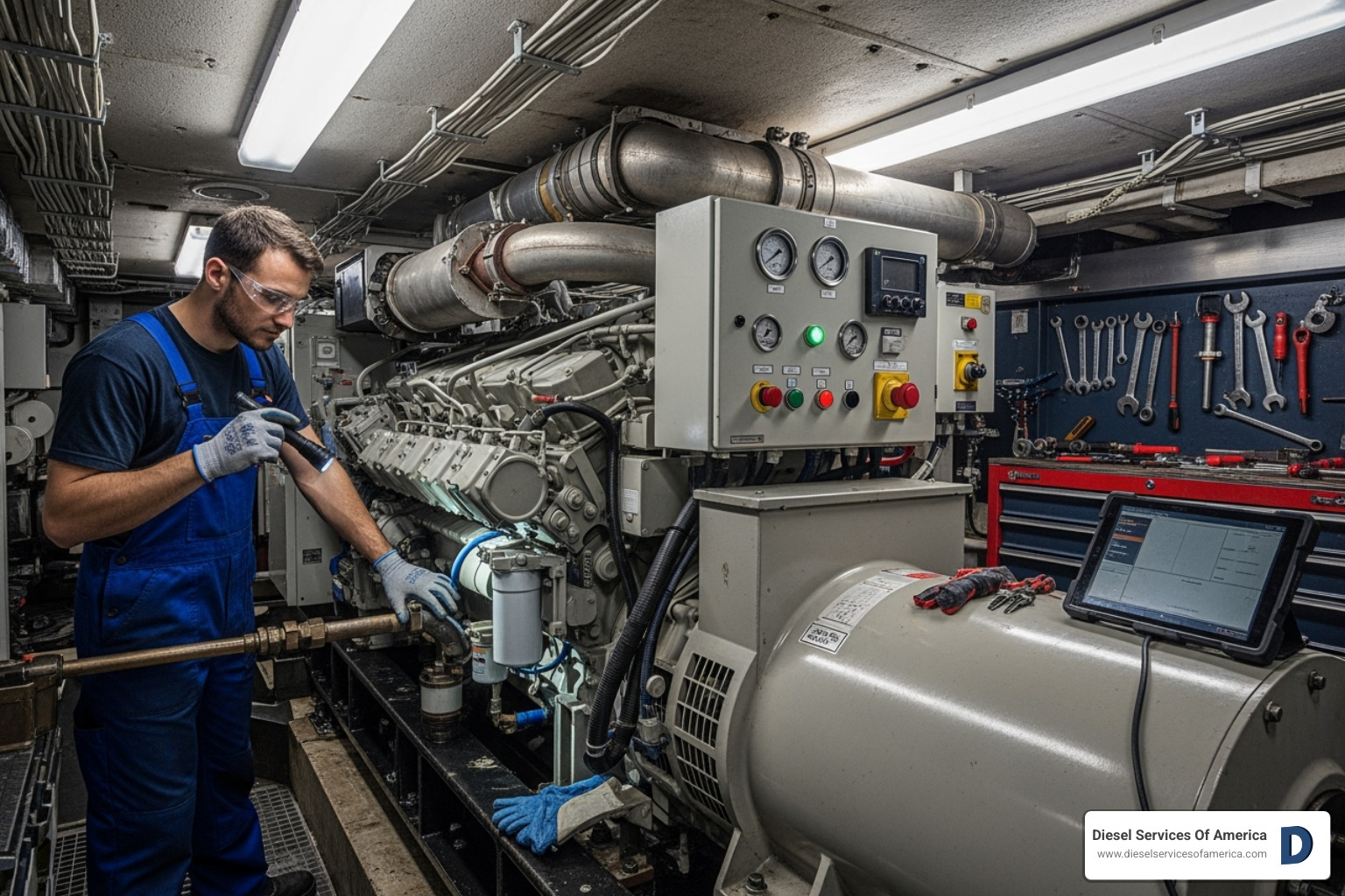 a technician inspecting a marine diesel generator in an engine room - marine diesel generator repair