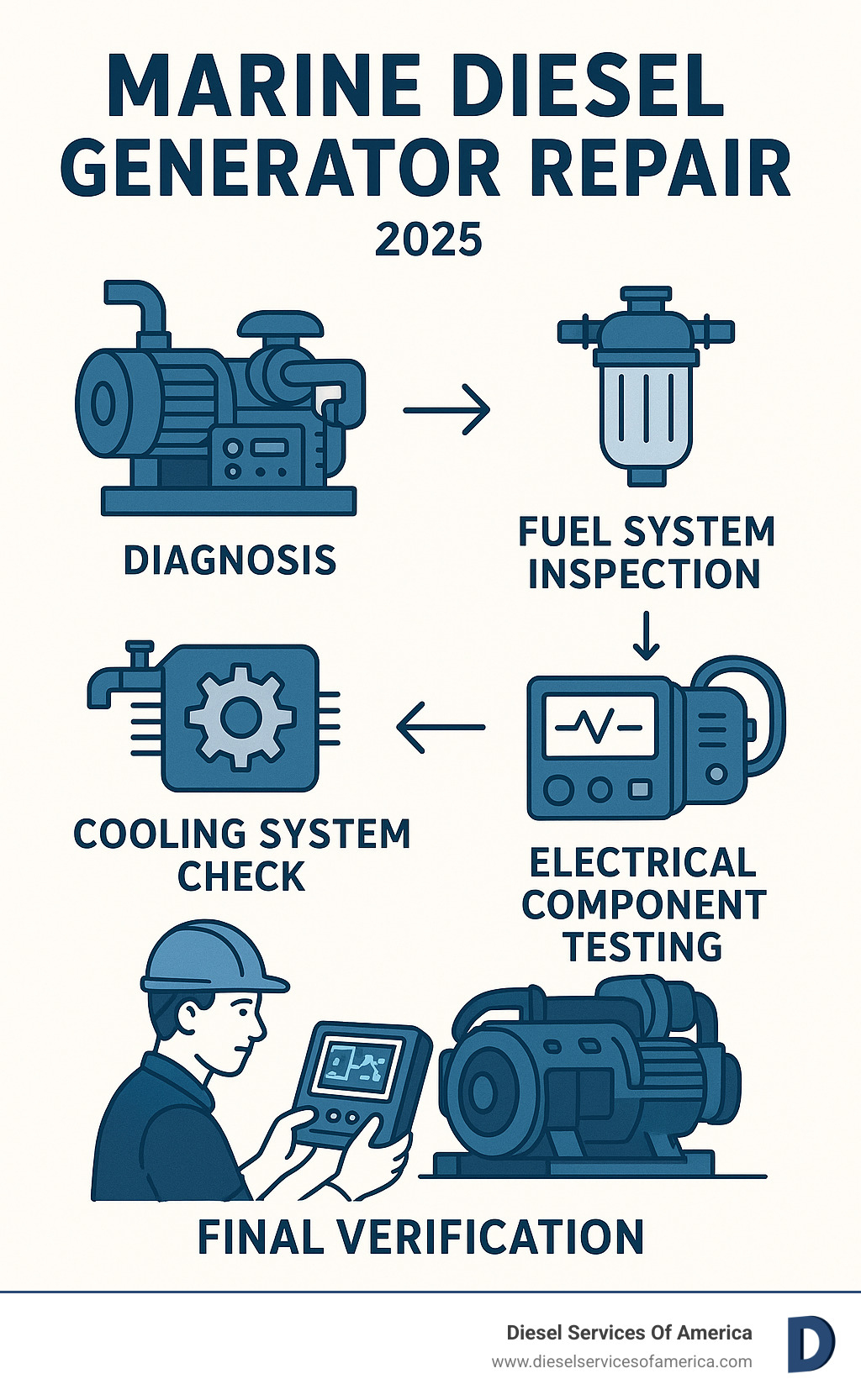 Comprehensive infographic showing marine diesel generator repair process from initial diagnosis through fuel system inspection, cooling system check, electrical component testing, and final system verification with professional technician using specialized marine diagnostic equipment - marine diesel generator repair infographic 