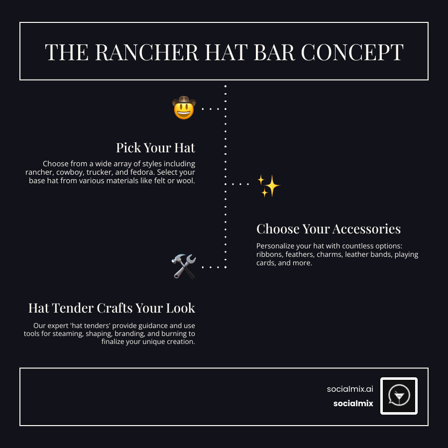 Infographic showing the Hat Bar process: Step 1 - Pick Your Hat (showing various hat silhouettes including rancher, cowboy, and trucker styles), Step 2 - Choose Your Accessories (displaying ribbons, feathers, charms, and leather bands arranged like cocktail ingredients), Step 3 - Hat Tender Crafts Your Look (showing hands working with steaming and shaping tools like a skilled bartender) - rancher hat bar infographic infographic-line-3-steps-dark