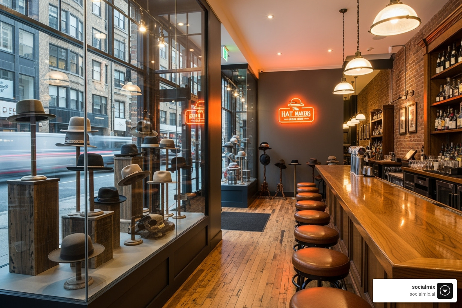A modern storefront with large windows, displaying custom hats and a welcoming, rustic-chic interior that hints at a bar-like atmosphere - rancher hat bar