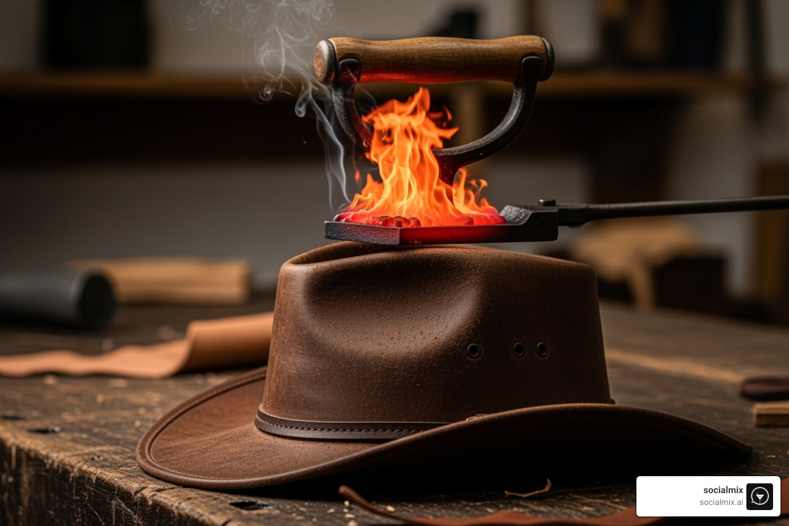 A branding iron, resembling a heated bar tool, glowing red as it's ready to be applied to a hat, symbolizing the custom crafting process - rancher hat bar