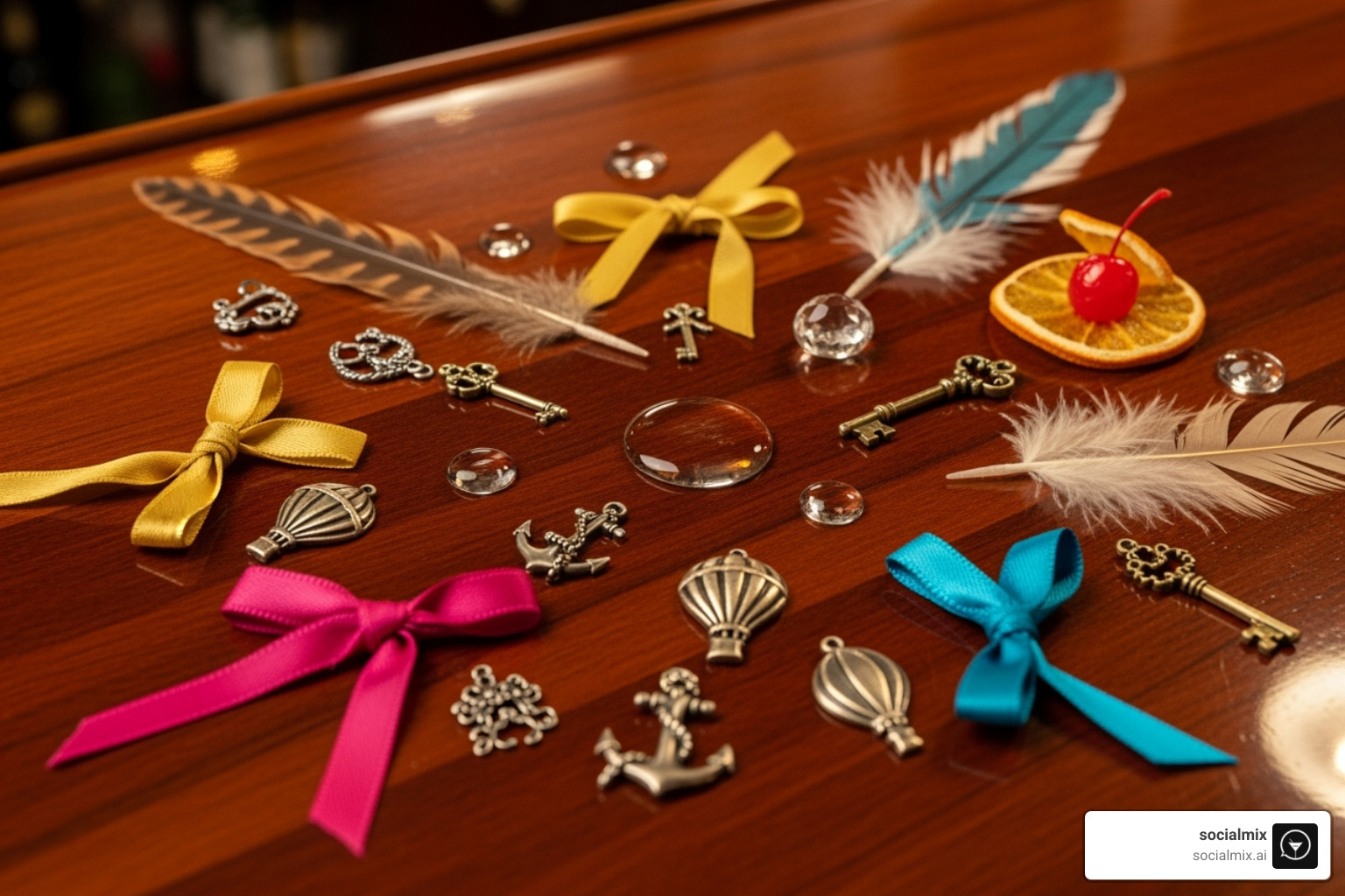 Various hat accessories like ribbons, charms, and feathers laid out carefully on a bar top, resembling colorful cocktail garnishes - rancher hat bar