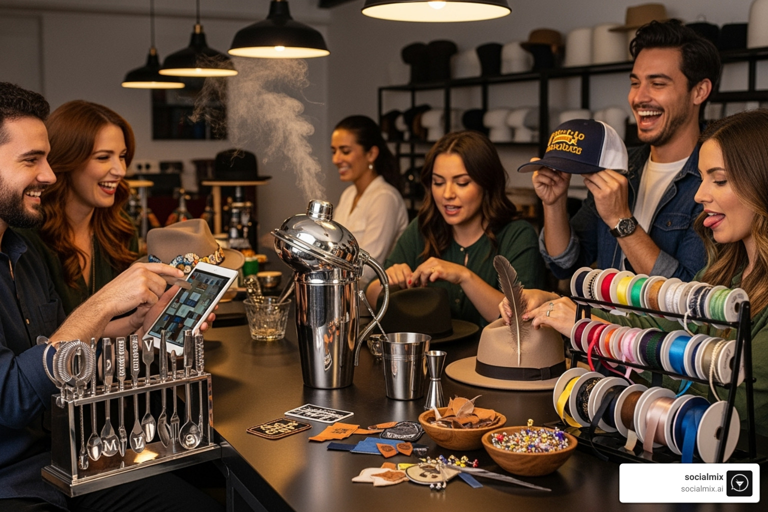Group of friends laughing and designing hats together around a bar-like counter, with hat-making tools resembling cocktail shakers and jiggers on display - rancher hat bar