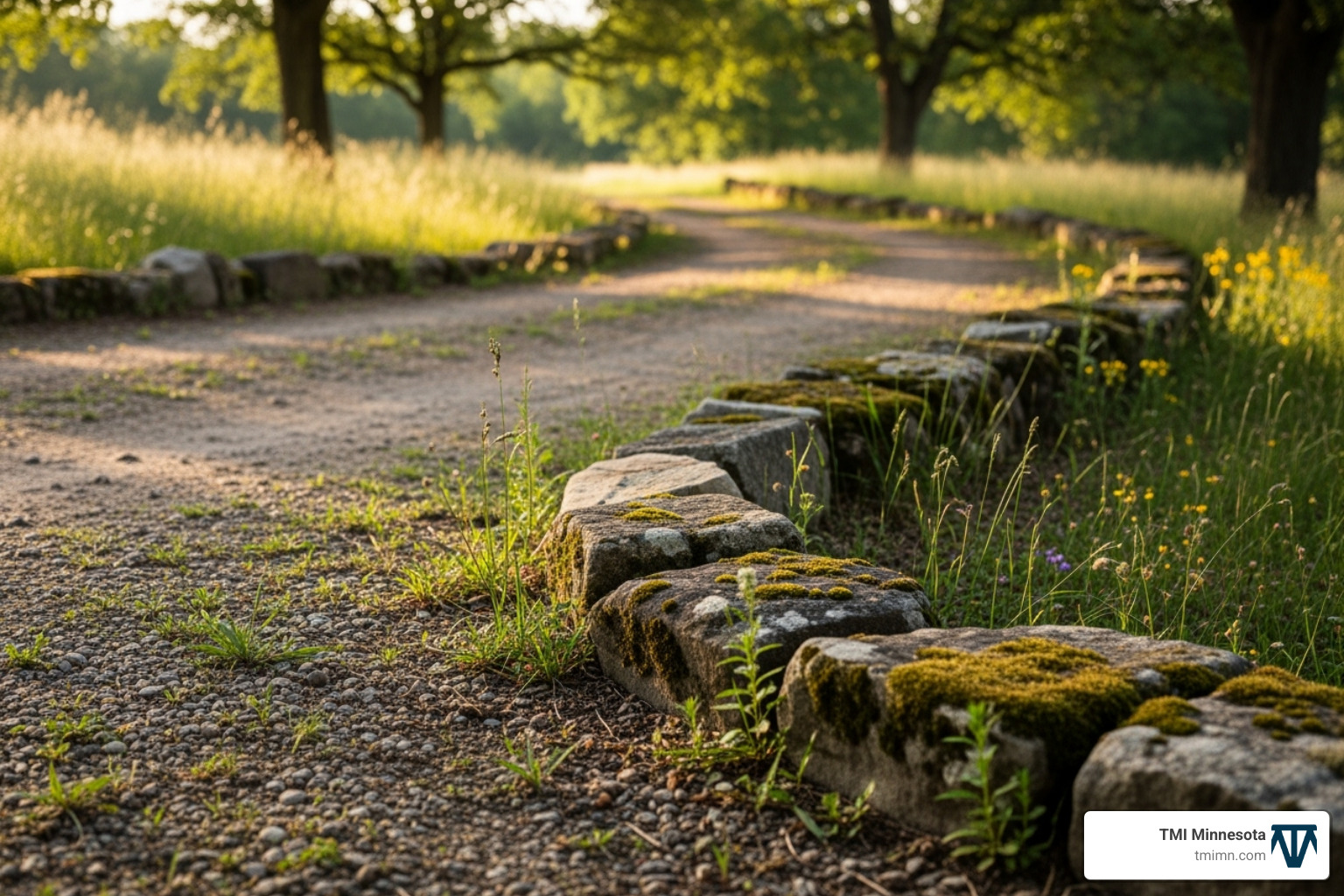 a rustic driveway with a natural stone border - landscape ideas for driveway borders