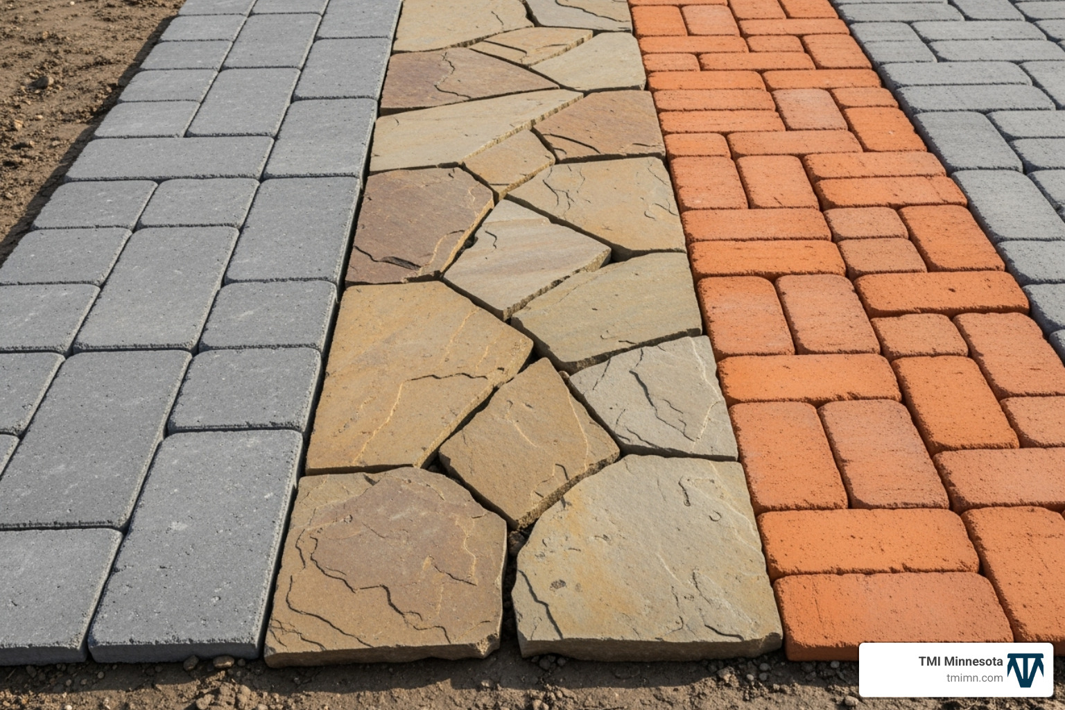 various hardscape materials like pavers, stones, and bricks laid out - landscape ideas for driveway borders