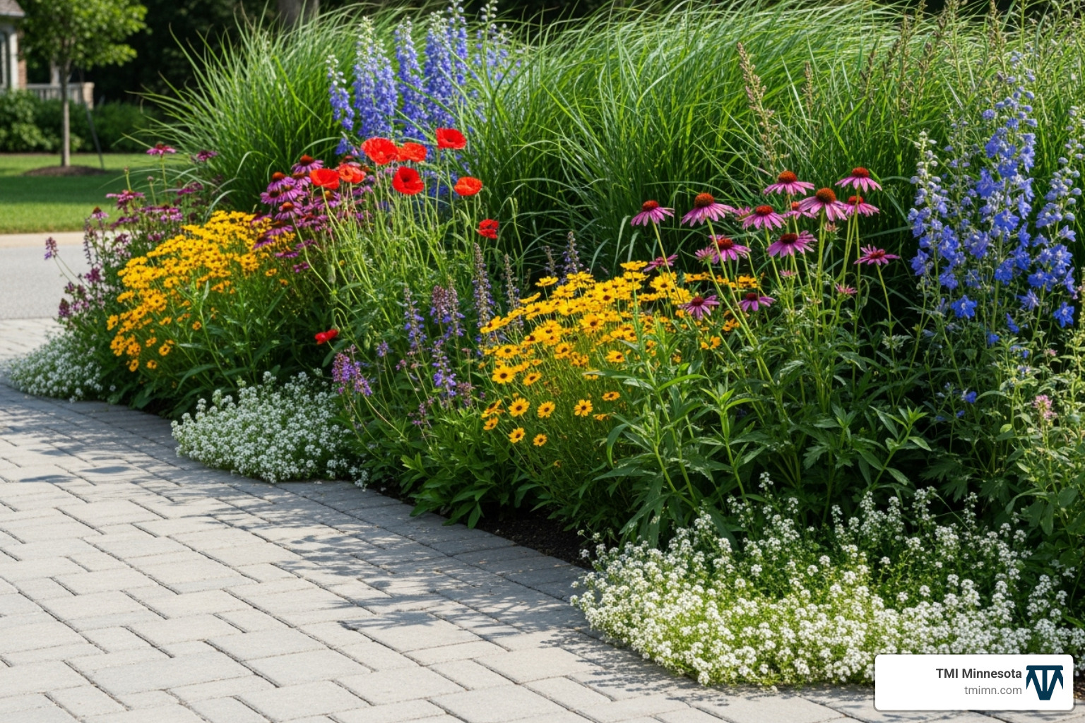 a lush, green driveway border with ornamental grasses and flowers - landscape ideas for driveway borders