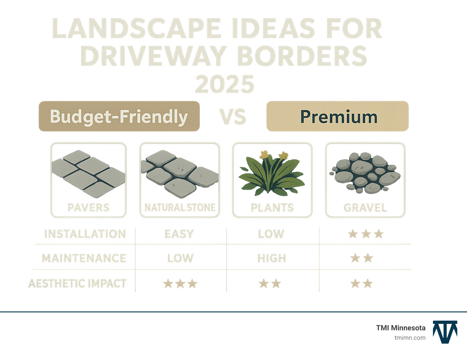 Comprehensive comparison infographic showing budget-friendly vs premium driveway border materials with installation difficulty ratings, maintenance requirements, and aesthetic impact scores for pavers, natural stone, plants, and gravel options - landscape ideas for driveway borders infographic 