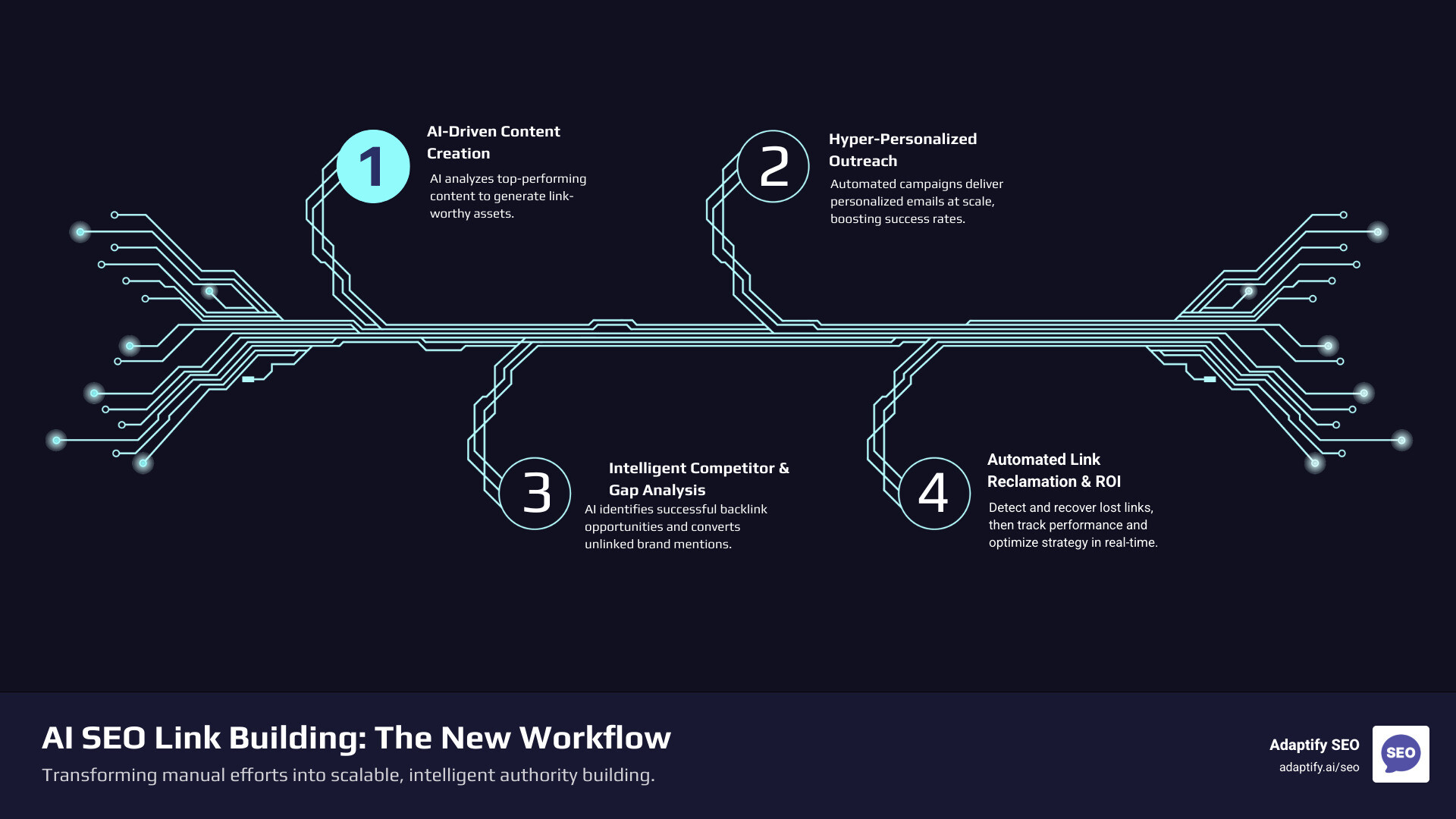 Comprehensive infographic showing the evolution from traditional manual link building (person at desk with spreadsheets and email templates) to AI-powered link building workflow (automated content analysis, AI-generated personalized outreach, real-time competitor monitoring, and performance dashboards), with arrows indicating the change and key statistics: 73.2% of SEOs believe backlinks impact AI search visibility, AI Overviews on 14.3% of SERPs, and 76.10% of AI Overview citations from top 10 results - ai seo link-building strategies infographic infographic-4-steps-tech