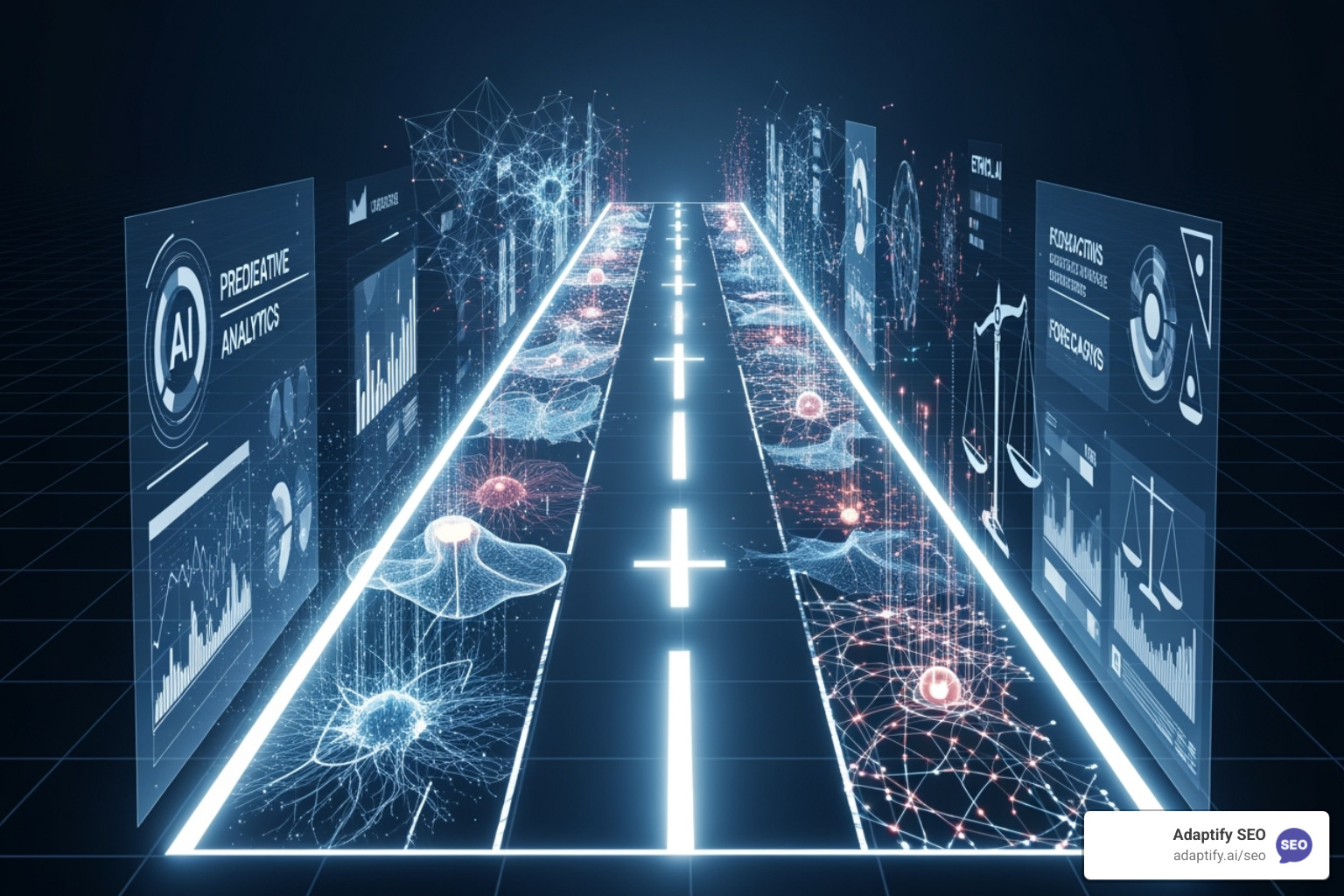 A roadmap for future AI in SEO developments, showing predictive analytics, ethical AI frameworks, and hyper-personalization - ai seo link-building strategies