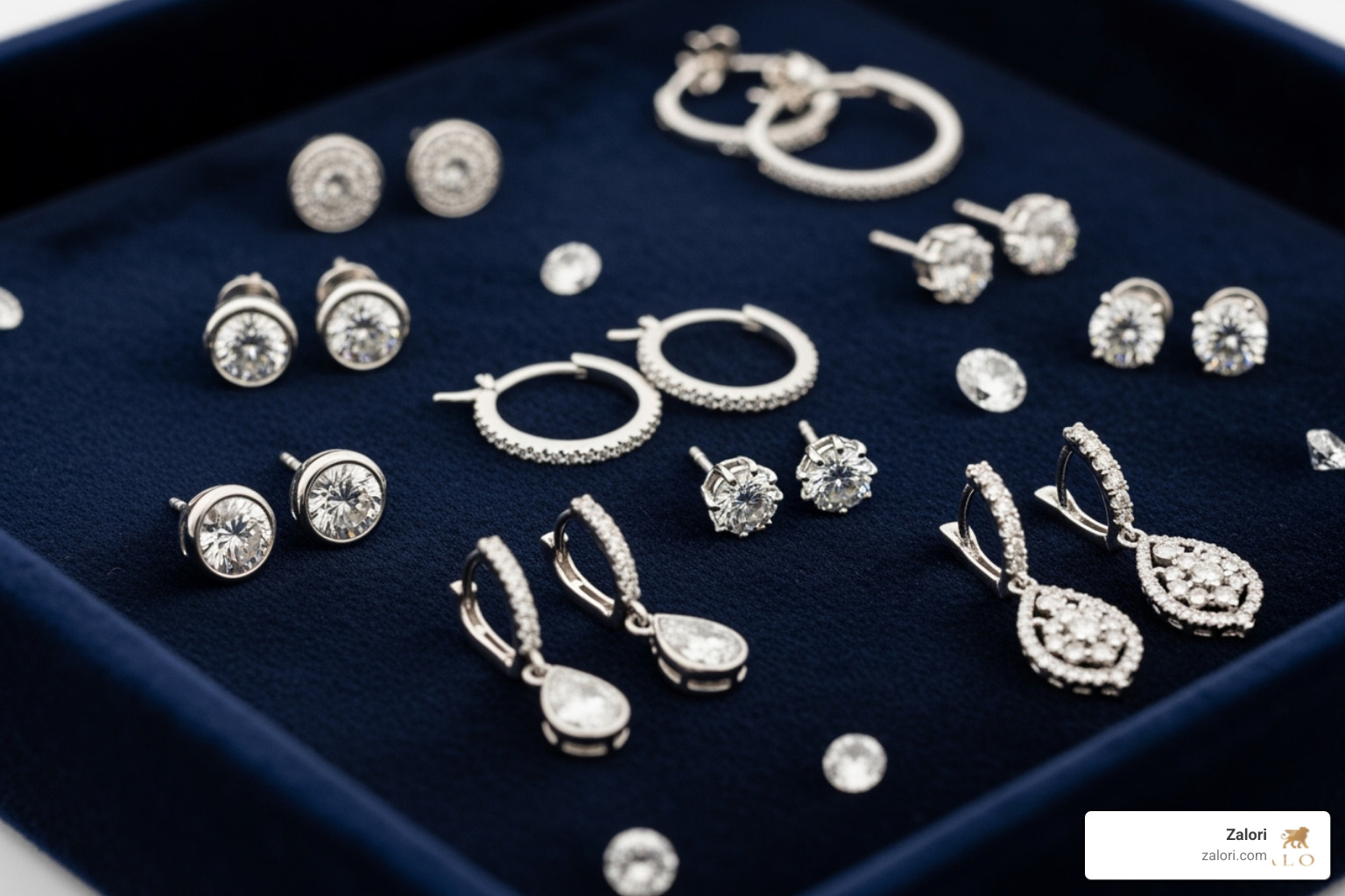 A curated collection of different white gold earring styles on a velvet tray - White gold earrings A curated collection of different white gold earring styles on a velvet tray - White gold earrings