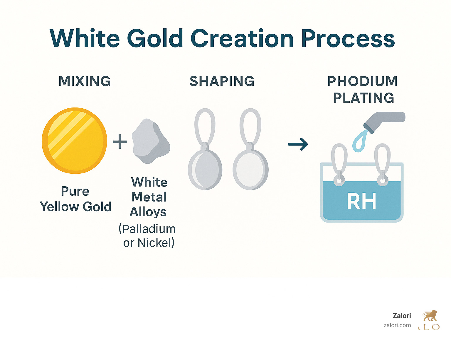 Detailed infographic showing the white gold creation process: starting with pure yellow gold being mixed with white metal alloys like palladium or nickel, followed by shaping into earring forms, and finishing with rhodium plating application for the final brilliant white appearance - White gold earrings infographic Detailed infographic showing the white gold creation process: starting with pure yellow gold being mixed with white metal alloys like palladium or nickel, followed by shaping into earring forms, and finishing with rhodium plating application for the final brilliant white appearance - White gold earrings infographic