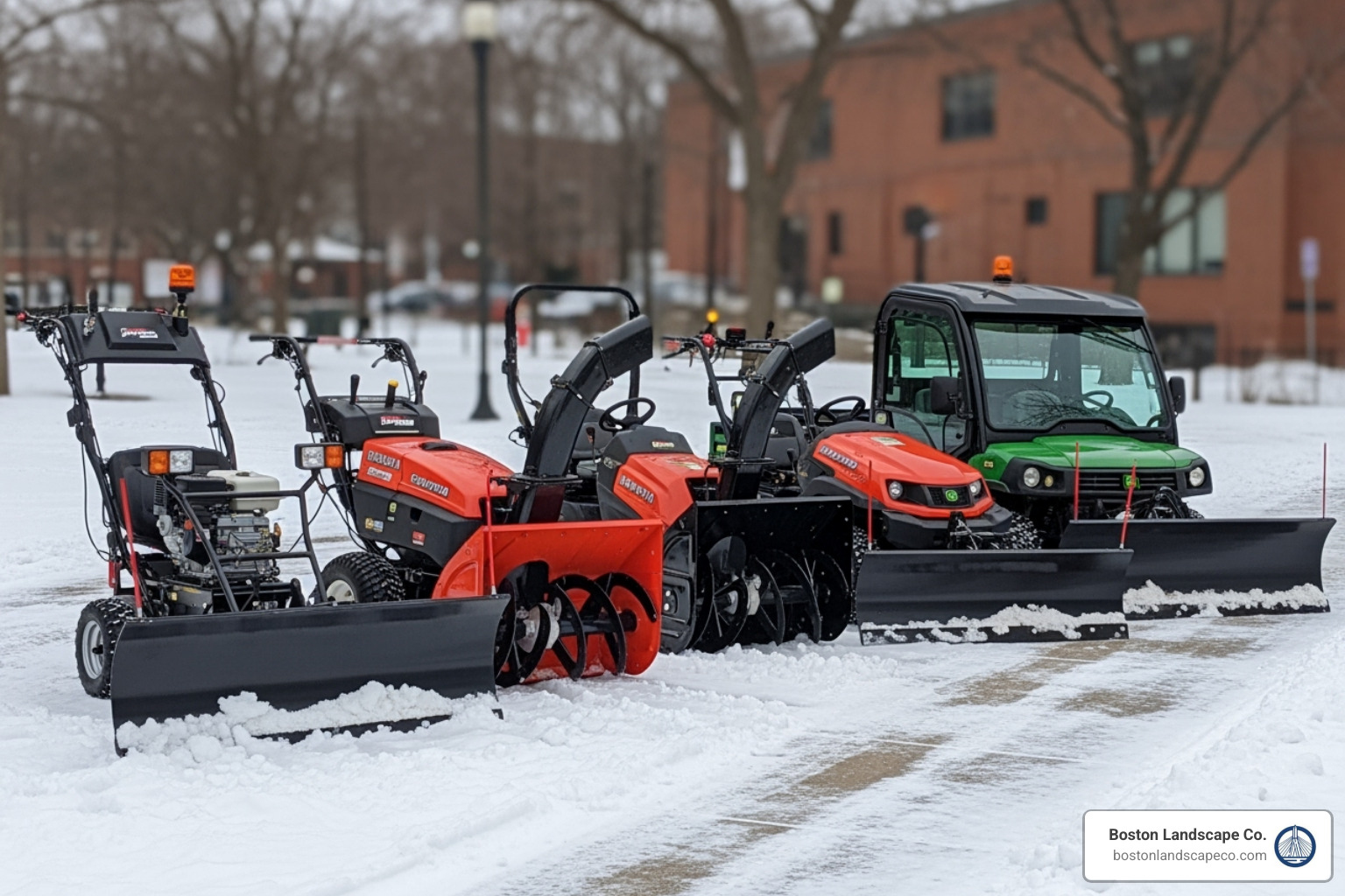 different types of sidewalk snow removal equipment lined up - commercial sidewalk snow removal