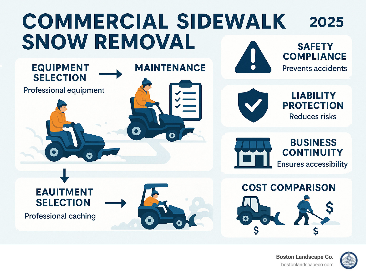 Infographic showing the complete commercial sidewalk snow removal process from equipment selection through maintenance, highlighting safety compliance, liability protection, business continuity benefits, and cost comparison between professional equipment versus manual methods - commercial sidewalk snow removal infographic 