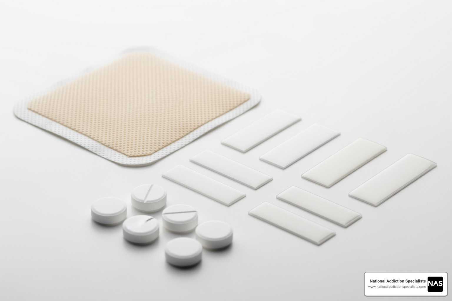 Different generic forms of buprenorphine, such as a transdermal patch and a sublingual film - bupe