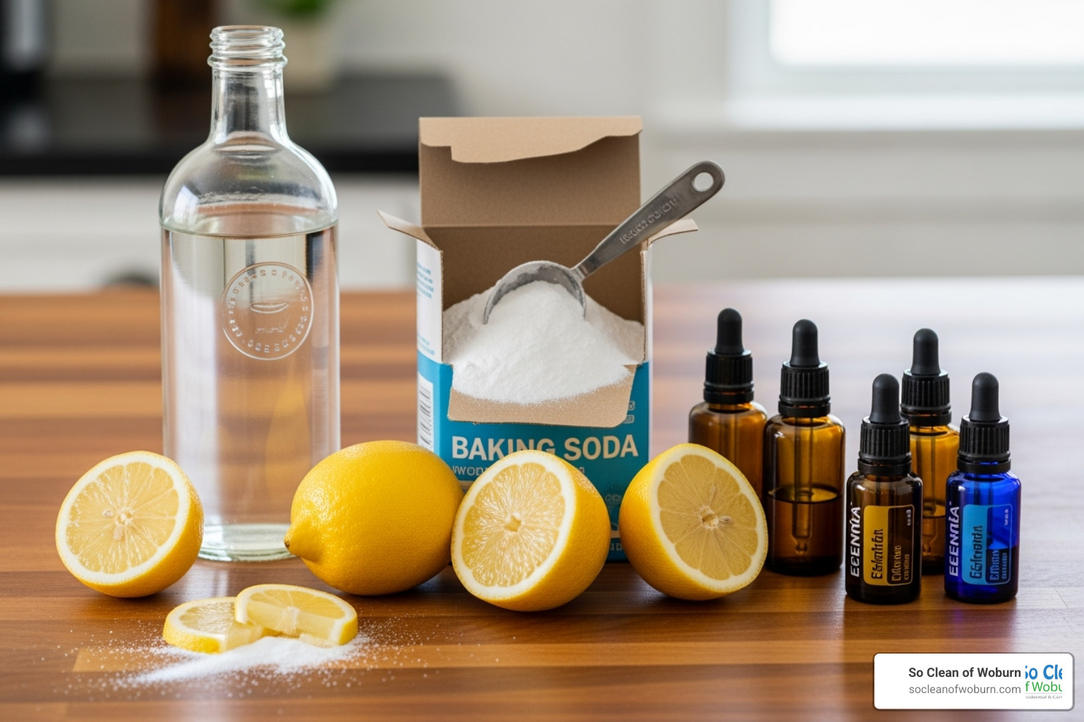 Eco-friendly cleaning ingredients like white vinegar, baking soda, lemons, and essential oil bottles - eco friendly cleaning