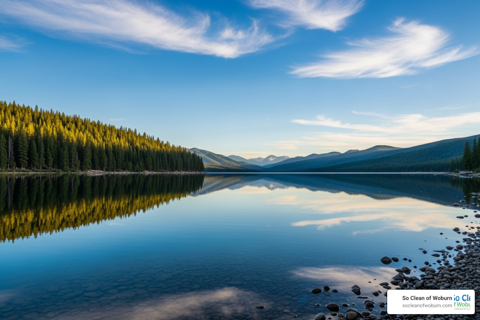 Pristine lake reflecting a blue sky - eco friendly cleaning
