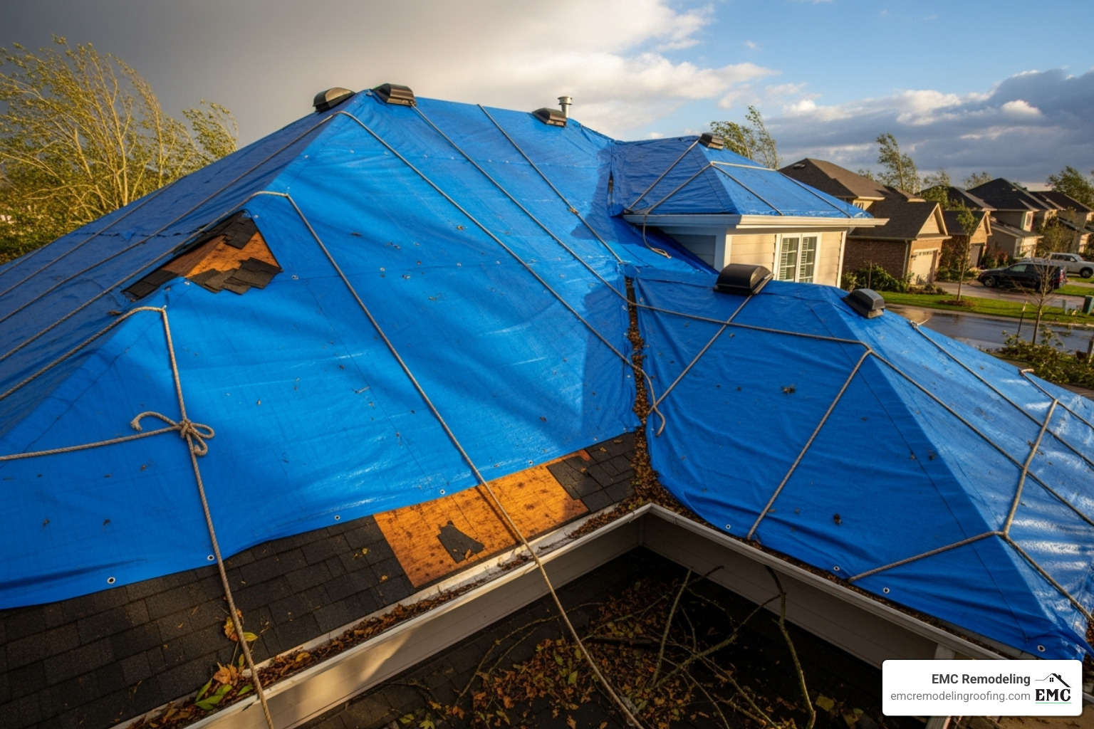 properly secured blue tarp on a residential roof after a storm - fast roof repair