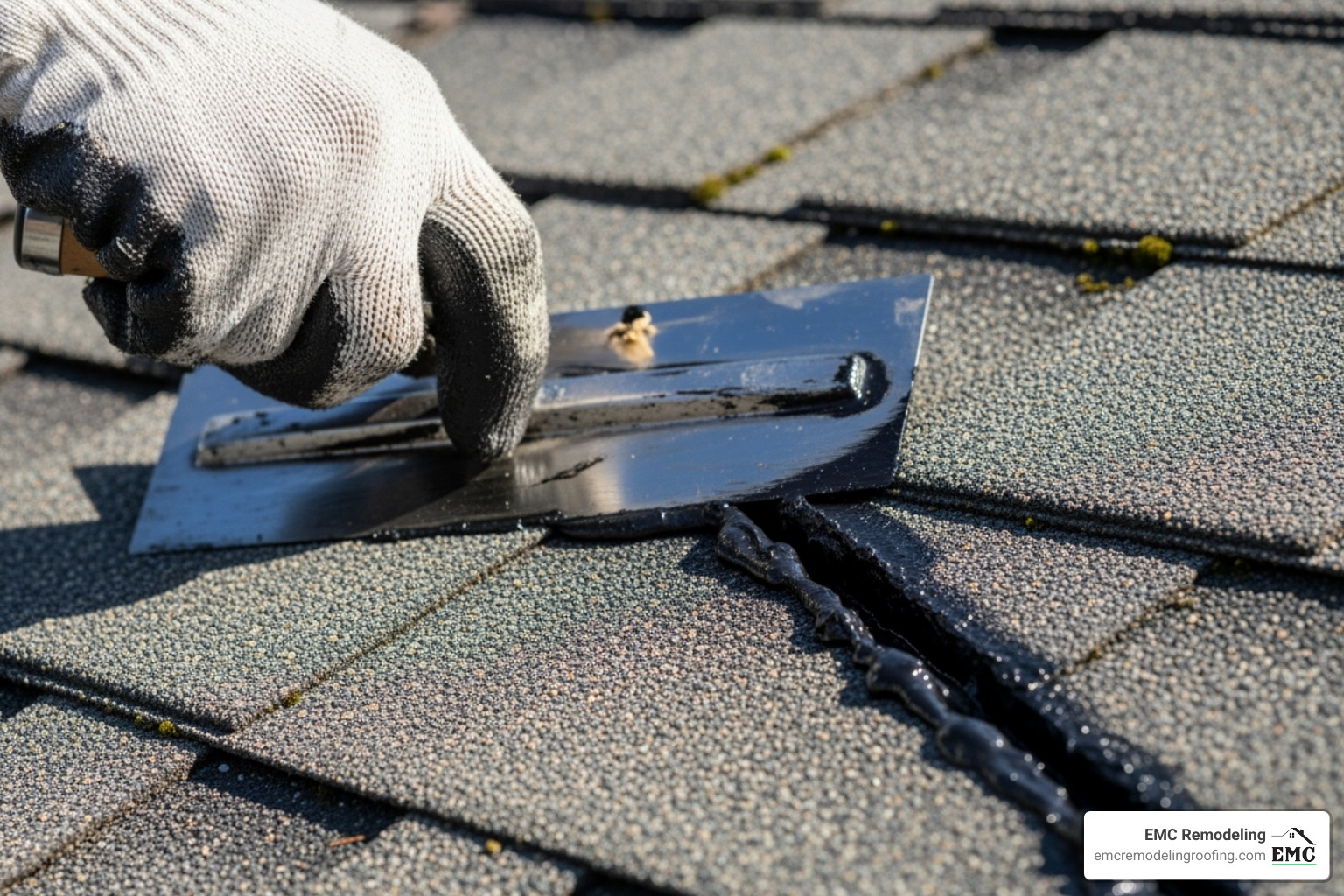 hand in a glove applying roofing cement with a trowel to a crack - fast roof repair