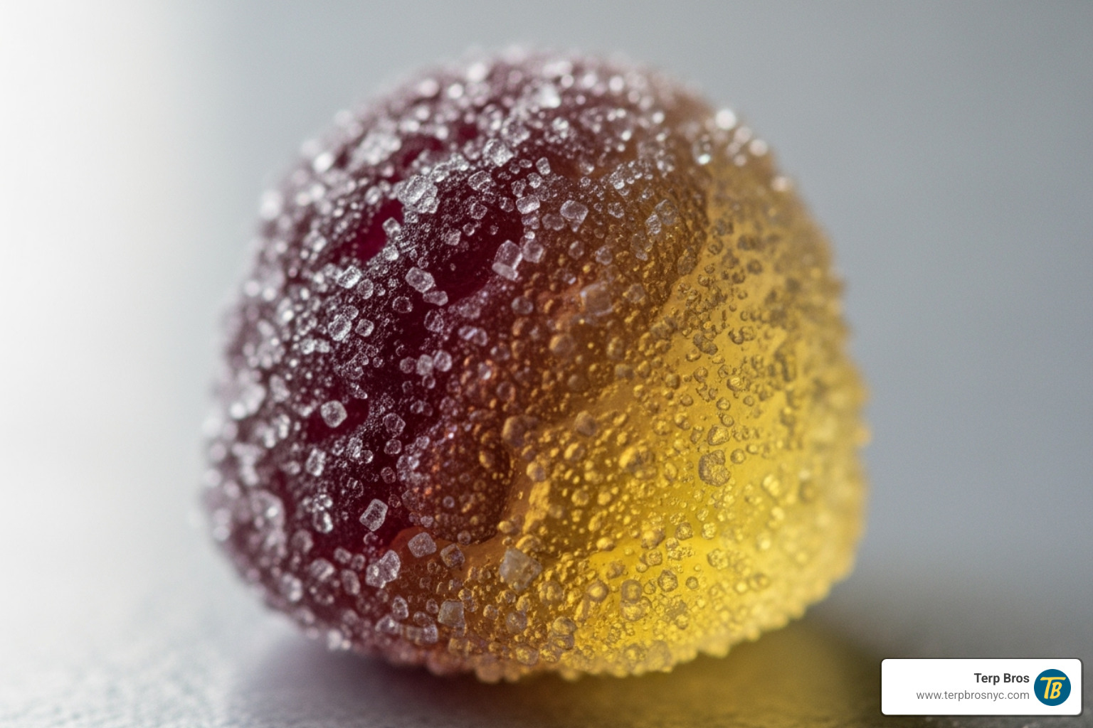 close-up shot showing the sugar-coated texture of a pearl gummy - blackberry lemonade pearls