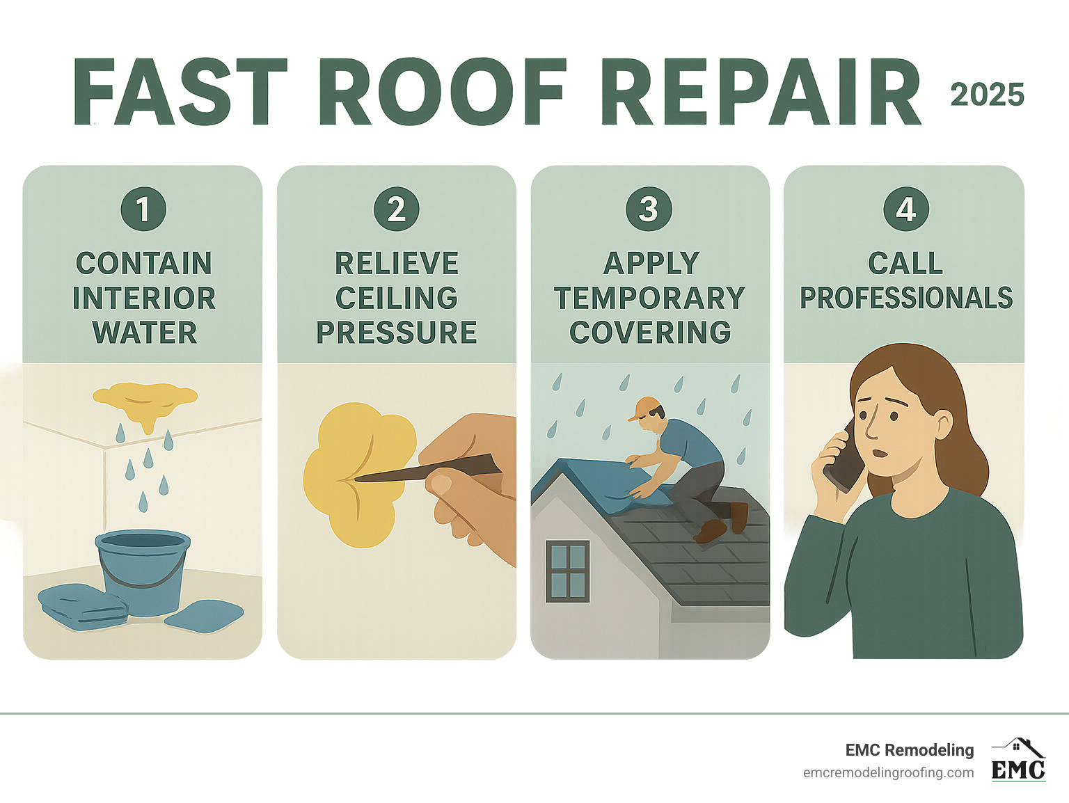 Infographic showing immediate roof leak response steps: Step 1 - Contain interior water with buckets and towels under all drips, Step 2 - Relieve ceiling pressure by carefully puncturing bulging areas with a screwdriver, Step 3 - Apply temporary covering using tarps or patches to stop water entry at the source, Step 4 - Call professionals immediately for permanent repair - fast roof repair infographic 