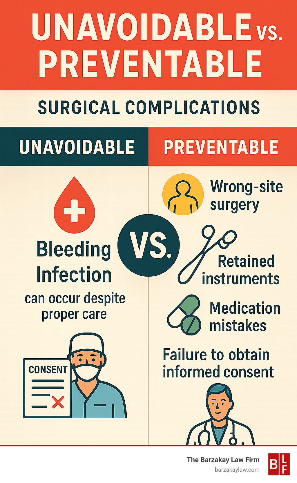 Infographic showing the key differences between unavoidable surgical complications like bleeding or infection that can occur despite proper care versus preventable surgical errors such as wrong-site surgery, retained instruments, medication mistakes, and failure to obtain informed consent - surgical malpractice lawyer infographic 