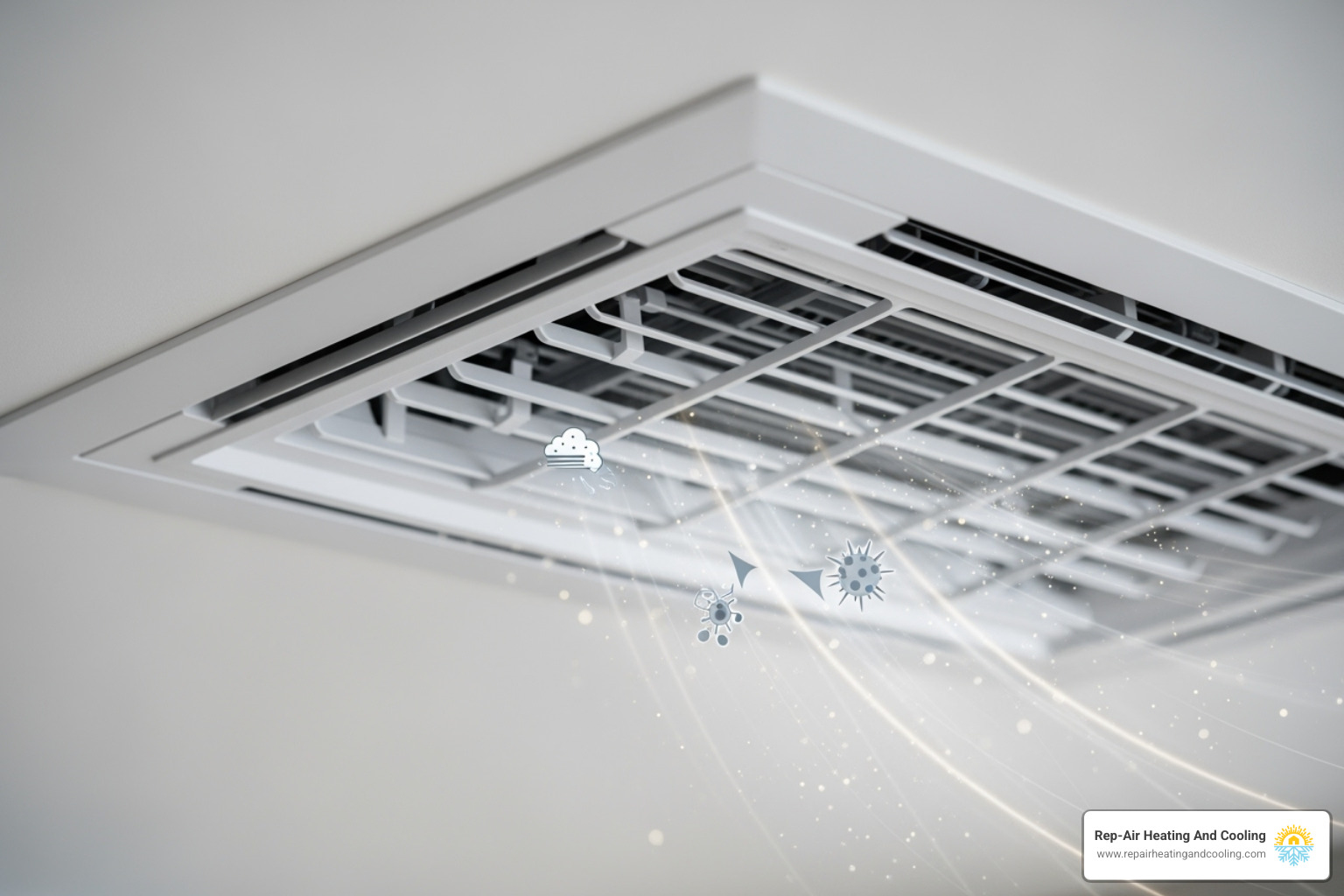 image of clean air flowing from a vent, with icons for allergens and dust being filtered out - AC maintenance benefits