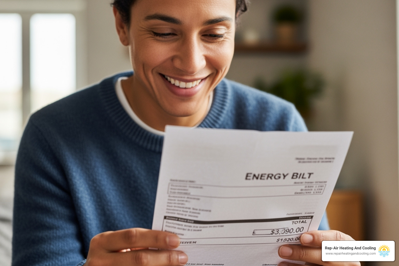 image of a person looking happily at a lower energy bill - AC maintenance benefits