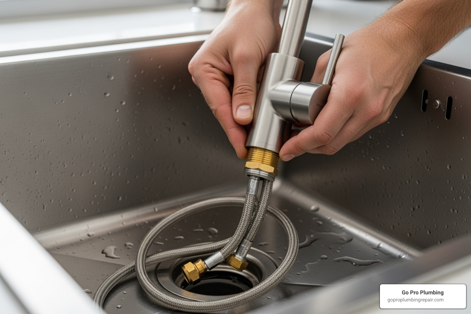 placing a new faucet into the sink holes - changing out a kitchen sink faucet