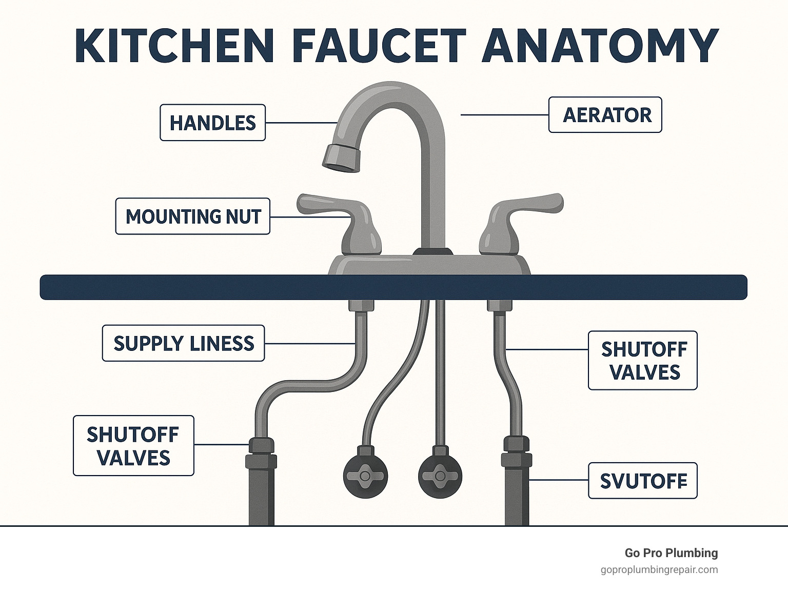 Detailed infographic showing kitchen faucet anatomy including spout, handles, supply lines, shutoff valves, mounting nuts, aerator, and connection points under the sink - changing out a kitchen sink faucet infographic 
