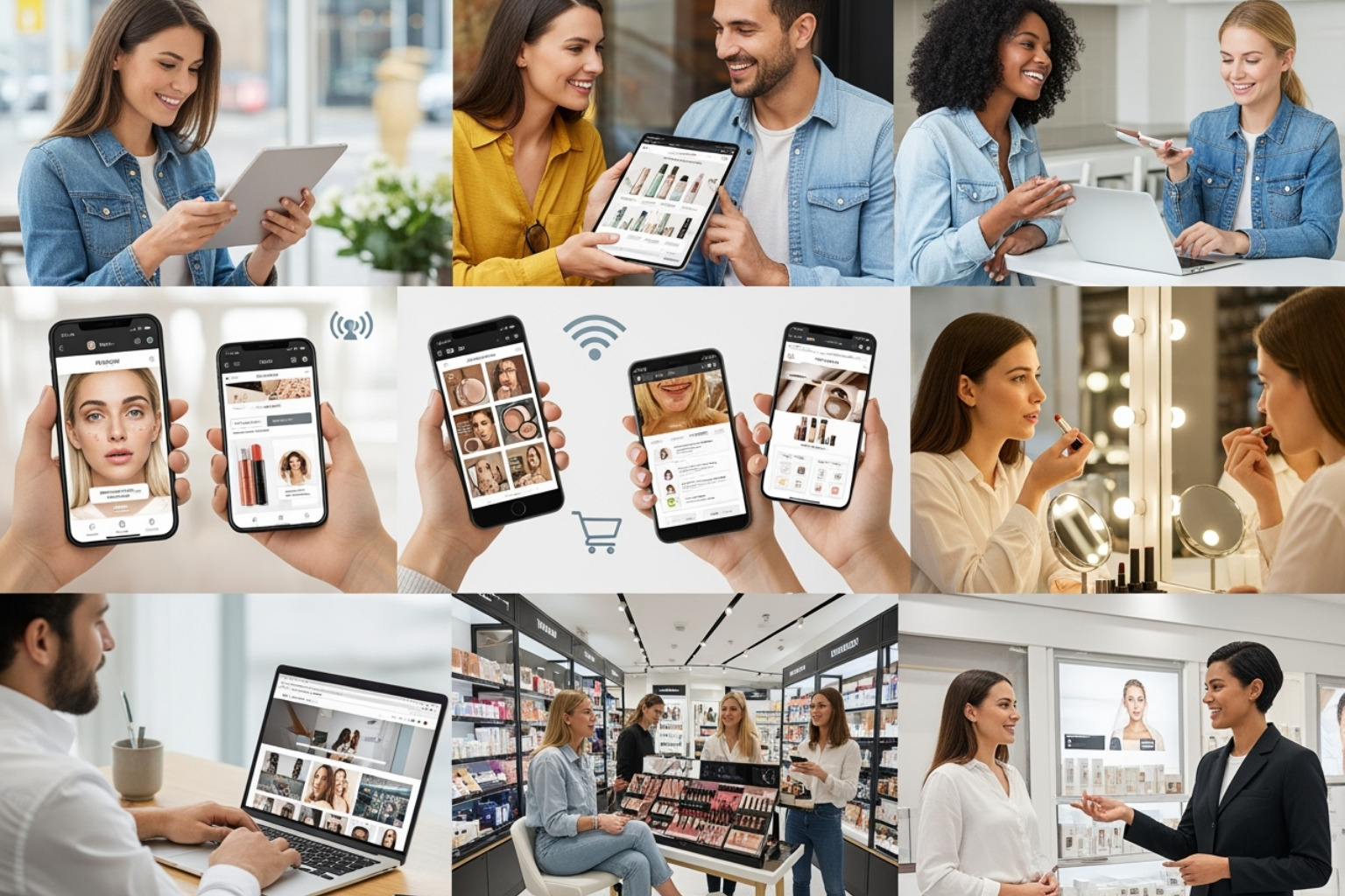A collage showing happy customers interacting with a beauty brand on different devices and in-store, depicting seamless omnichannel experience - ai insights dualmedia