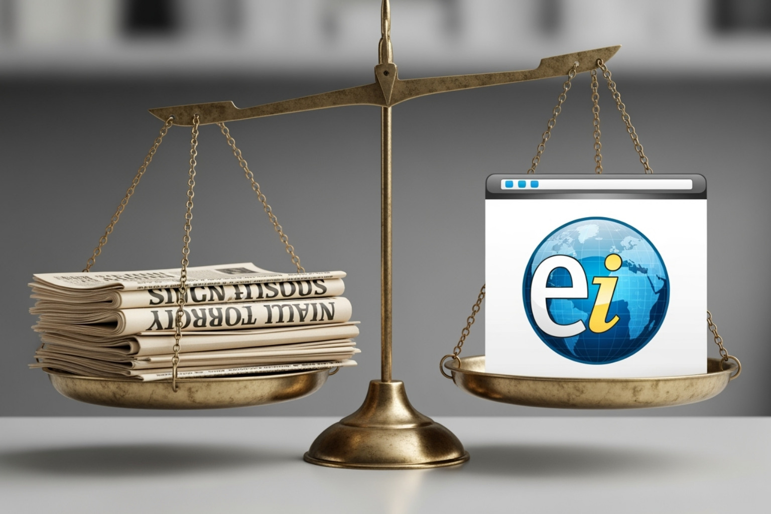 scale balancing a stack of newspapers against a generic website logo - scoopupdates .com