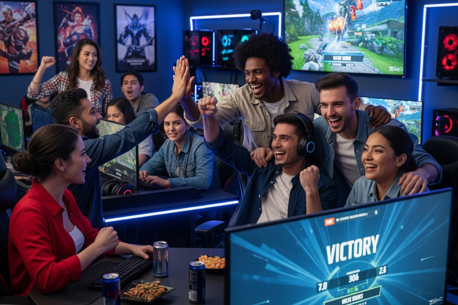 A diverse group of players collaborating and celebrating a win - undergrowthgameline our hosted event
