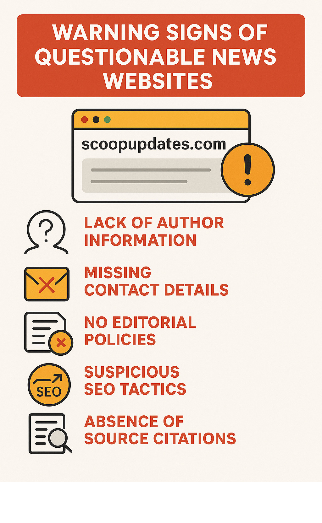 Infographic showing key warning signs of questionable news websites including lack of author information, missing contact details, no editorial policies, suspicious SEO tactics, and absence of source citations - scoopupdates .com infographic 