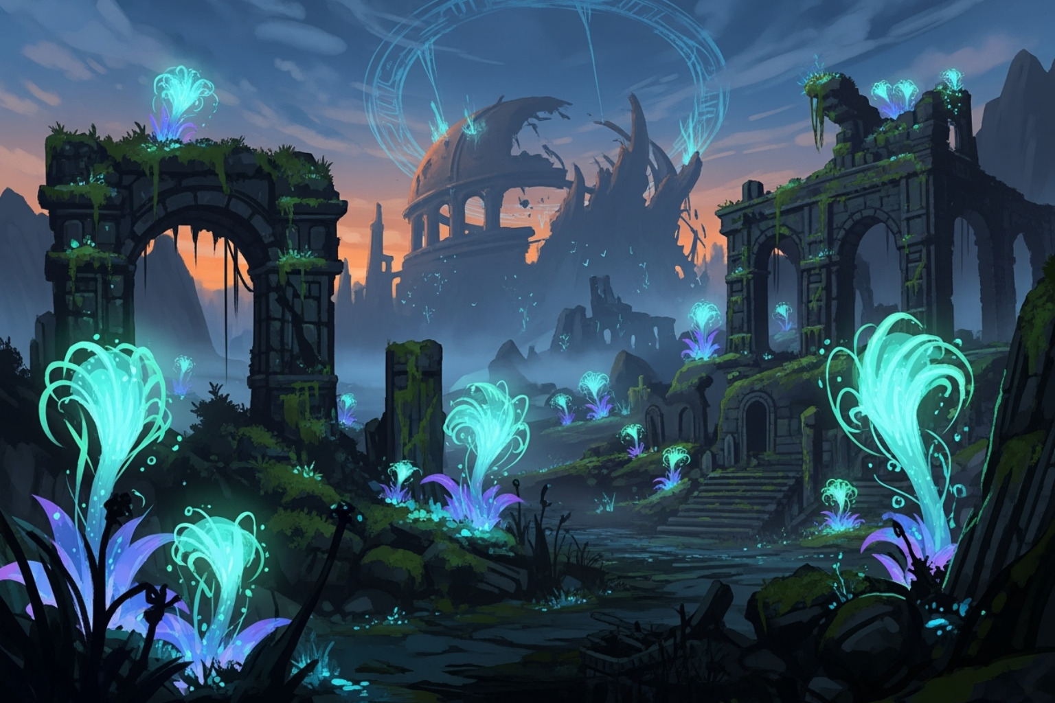 Concept art from a fantasy game world, depicting glowing flora and mysterious ruins - undergrowthgameline our hosted event