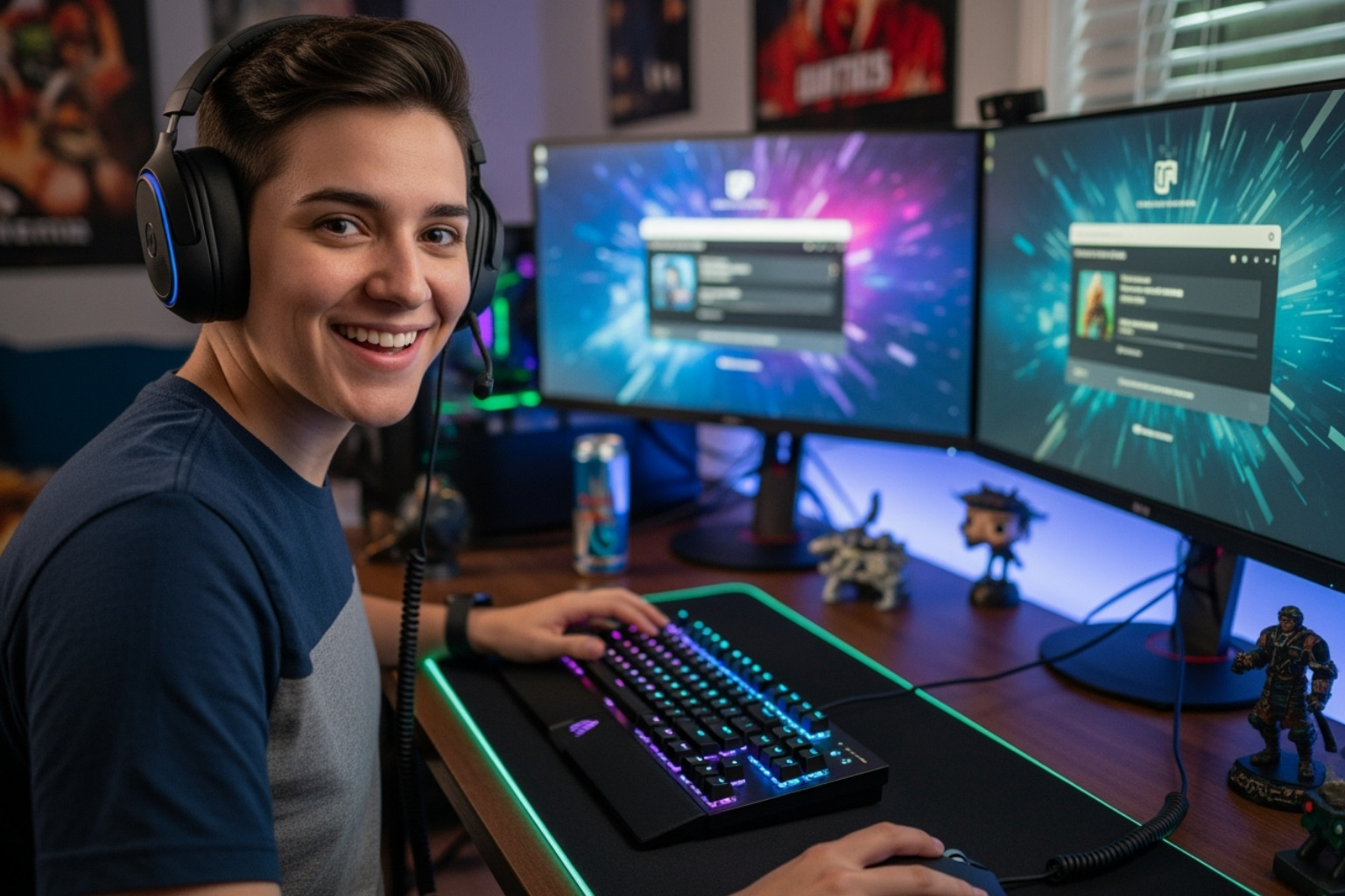 Person at their gaming setup, smiling and wearing a headset, ready to participate - undergrowthgameline our hosted event