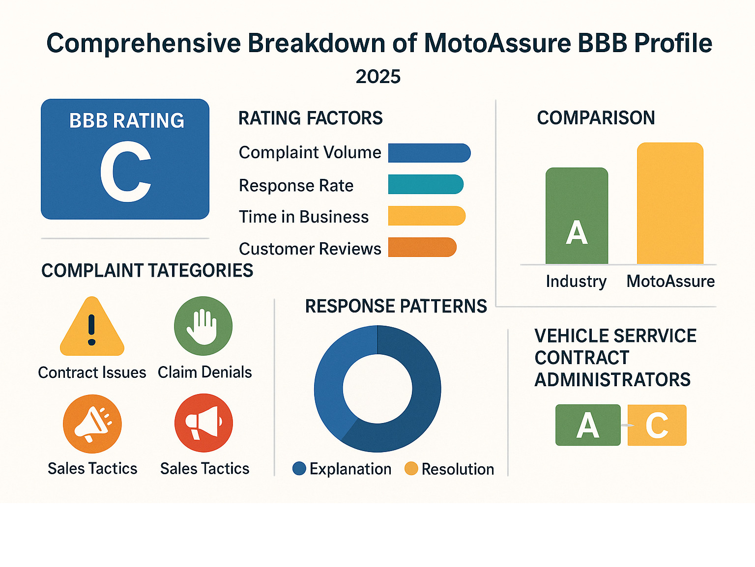 Comprehensive breakdown of MotoAssure BBB profile showing rating factors, complaint categories, response patterns, and comparison with industry standards for vehicle service contract administrators -  motoassure bbb infographic 