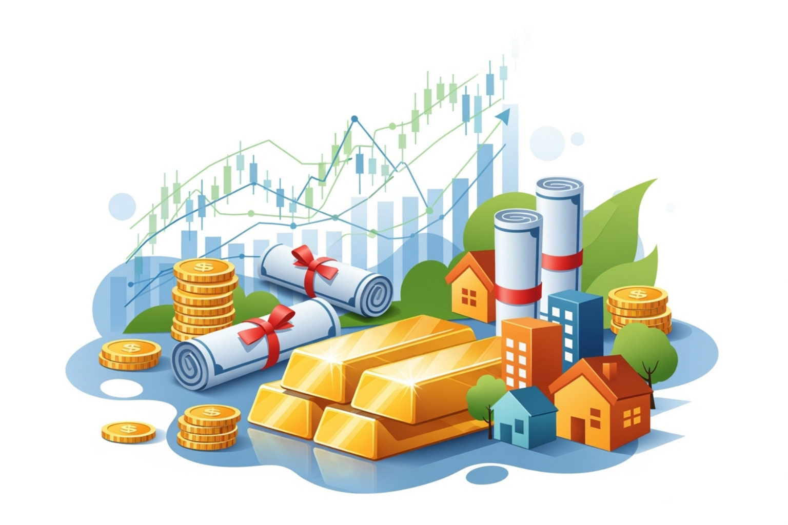 Illustrated image of a diversified investment portfolio with various assets - fintechzoom google stock
