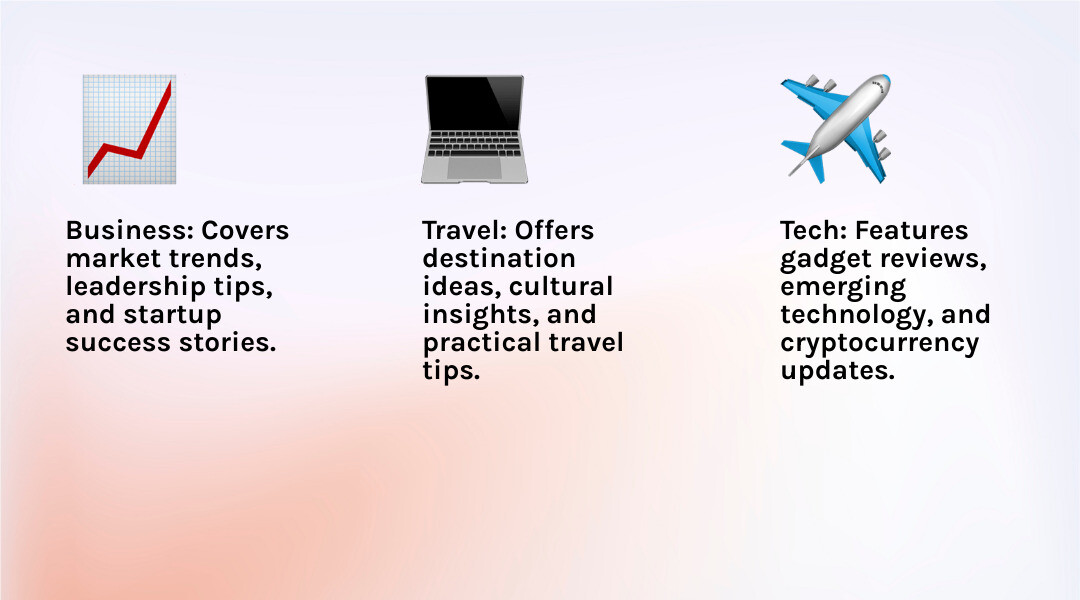 Comprehensive overview of scoopupdates.com content categories including Business with market trends and leadership tips, Tech featuring gadget reviews and emerging technology, Finance covering investment advice and personal finance, Health with nutrition and wellness tips, Law providing legal rights information, Travel offering destination ideas and cultural insights, and Fashion showcasing latest trends and designer content - scoopupdates .com infographic 3_facts_emoji_light-gradient