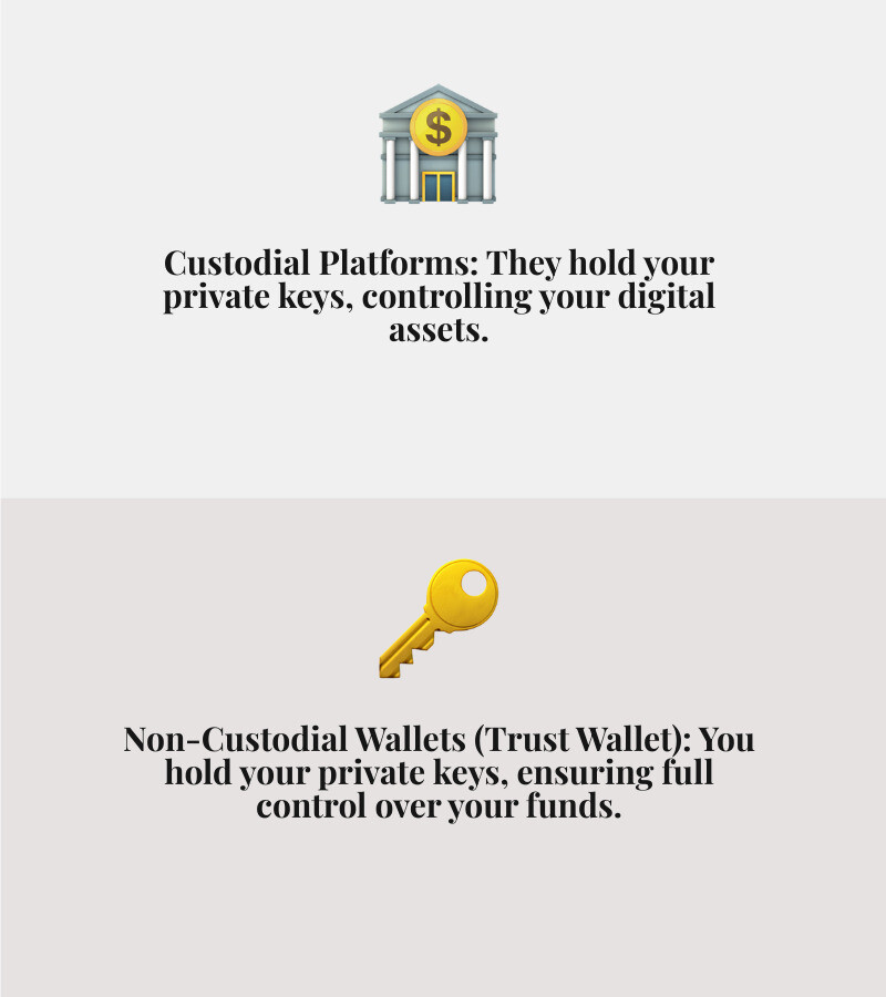 Infographic showing the difference between custodial exchanges where platforms control your private keys versus non-custodial wallets like Trust Wallet where you maintain full control of your keys and assets - crypto30x.com trust wallet infographic 2_facts_emoji_grey