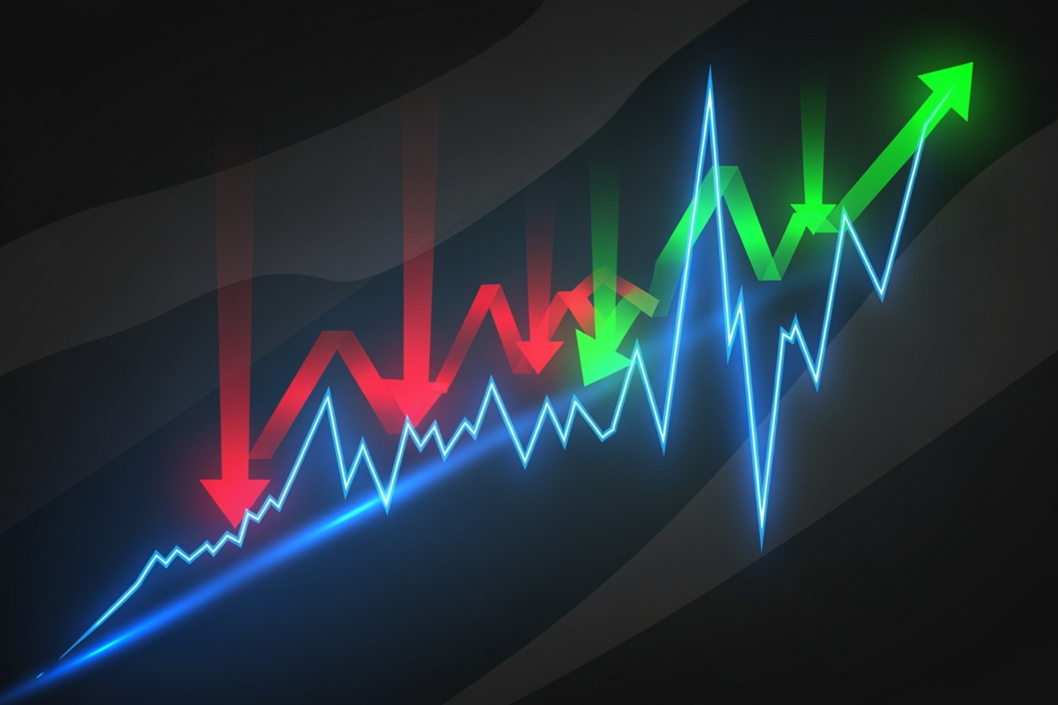 Abstract illustration of market volatility with a line graph showing sharp upward and downward arrows, symbolizing investment risk and opportunity - fintechzoom google stock