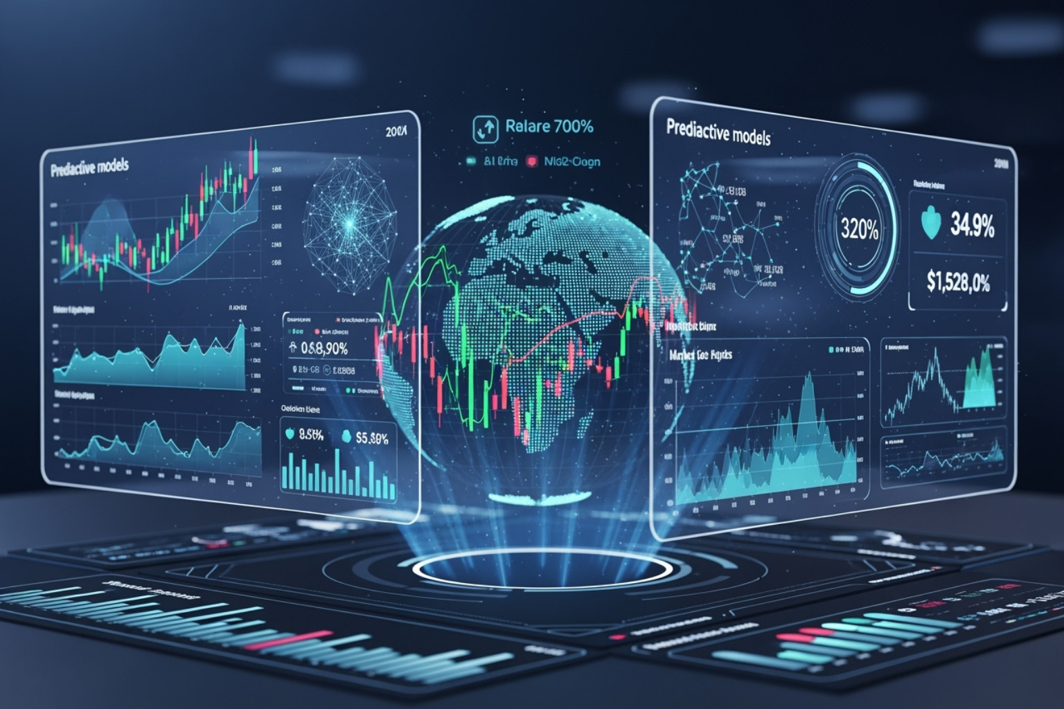 A sleek, futuristic financial dashboard displaying AI-driven analytics, predictive models, and real-time market trends - fintechzoom google stock