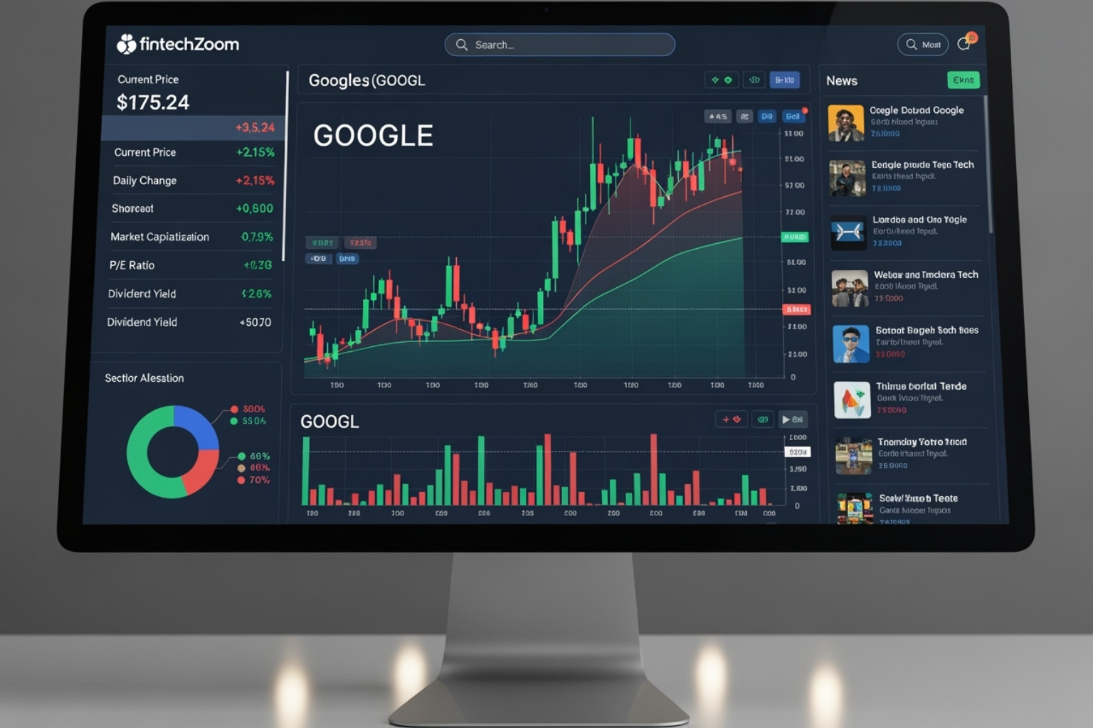 A detailed view of a FintechZoom dashboard displaying real-time Google stock data with charts and news feeds - fintechzoom google stock