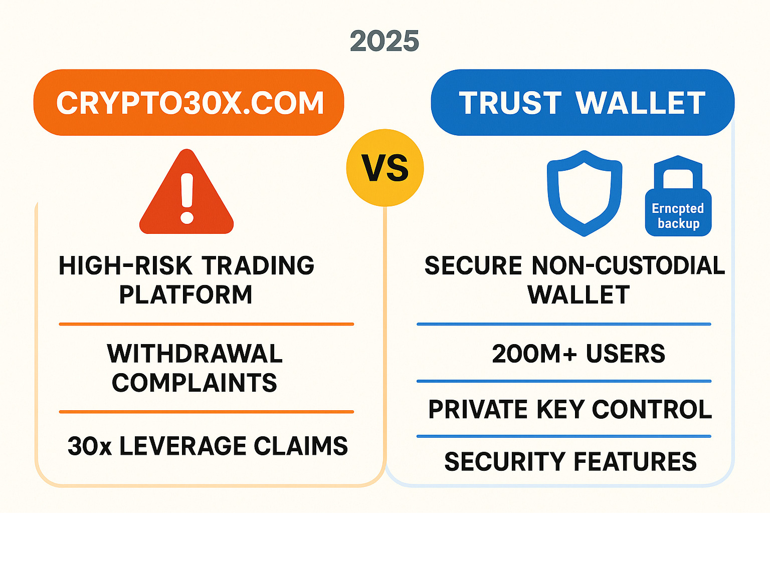 Infographic showing the key differences between Crypto30x.com (a high-risk trading platform with withdrawal complaints and 30x leverage claims) and Trust Wallet (a secure non-custodial wallet with 200M+ users, private key control, and security features like encrypted backup) - crypto30x.com trust wallet infographic 