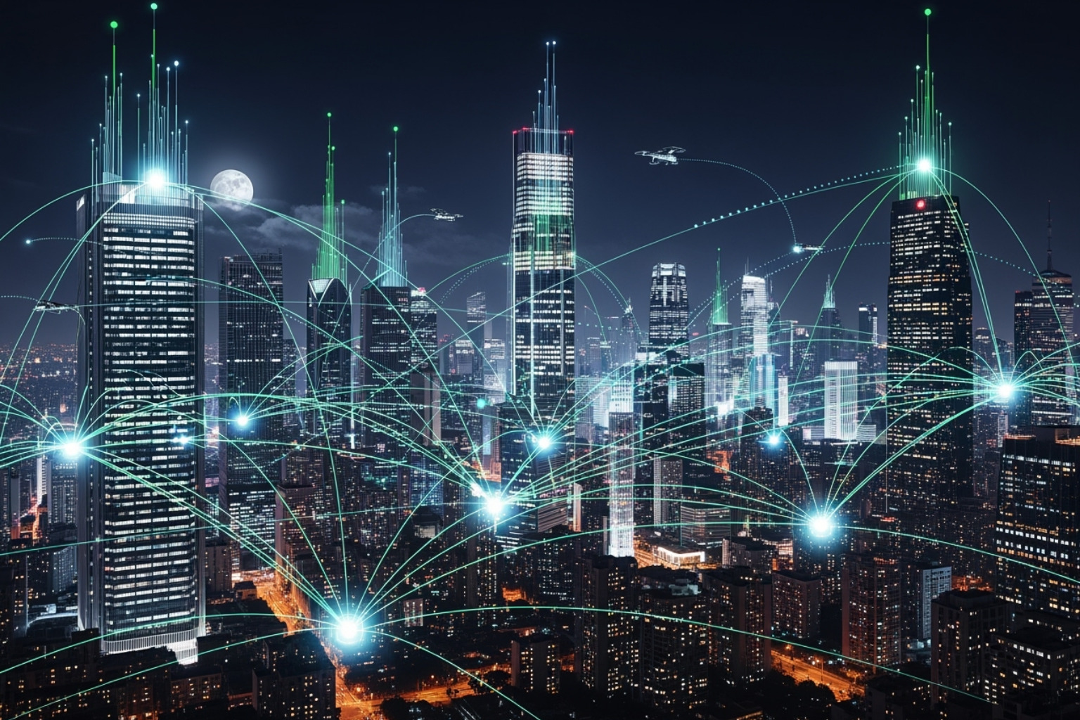 futuristic cityscape with blockchain and social network nodes connecting -  crypto30x.com ice
