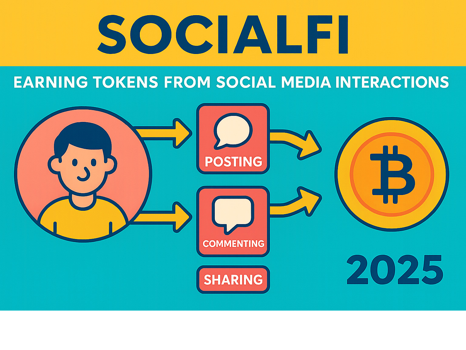 SocialFi concept infographic showing users earning tokens from social media interactions like posting, commenting, and sharing, with arrows connecting social activities to cryptocurrency rewards -  crypto30x.com ice infographic 